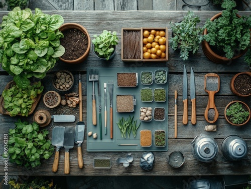 Gardening Tools and Seed Packets on Rustic Table - Top-Down View of Agricultural Equipment and Seeds for Planting