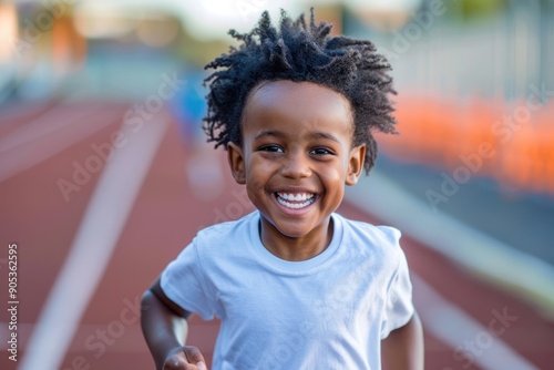 A bright and cheerful kid with smiles jogging on an outdoor running track