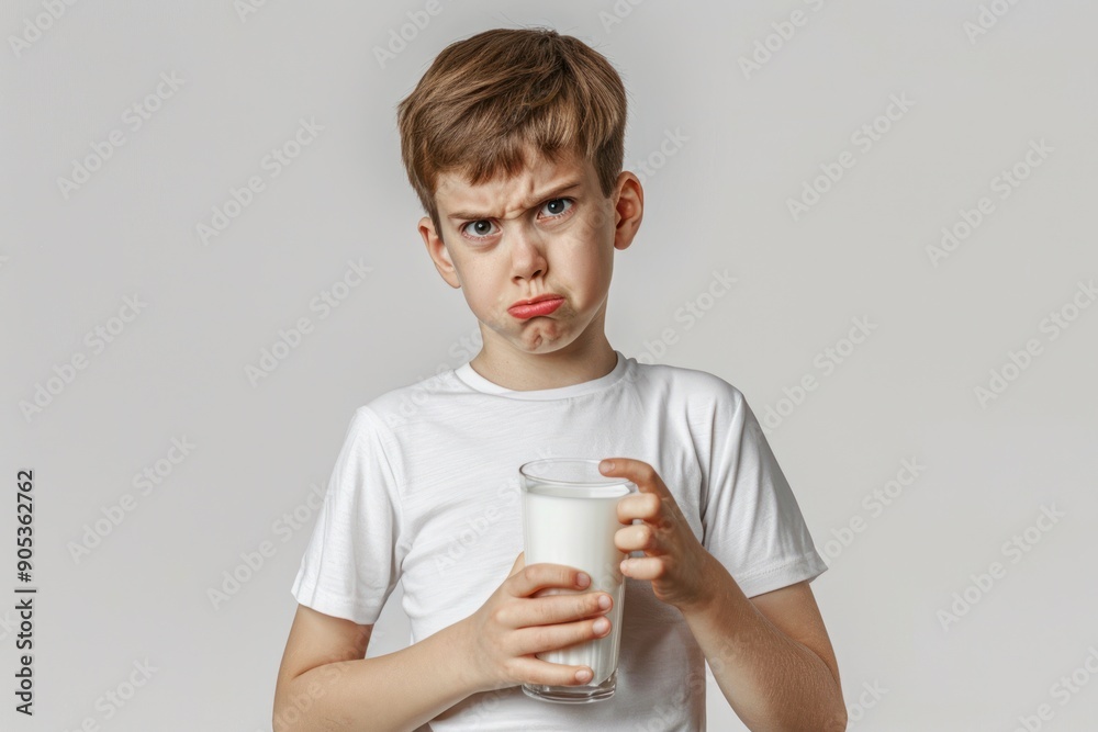 a child holding a glass of milk, experiencing stomach pain, pained expression, realistic discomfort, lactose intolerance a child holding a glass of milk, experiencing stomach pain, pained expression, realistic discomfort, lactose intolerance