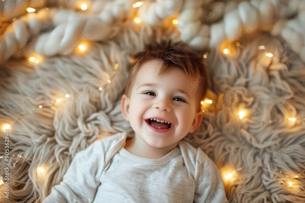 A delightful toddler laughs heartily while lying on a fluffy blanket, with warm lights in the background A delightful toddler laughs heartily while lying on a fluffy blanket, with warm lights in the background