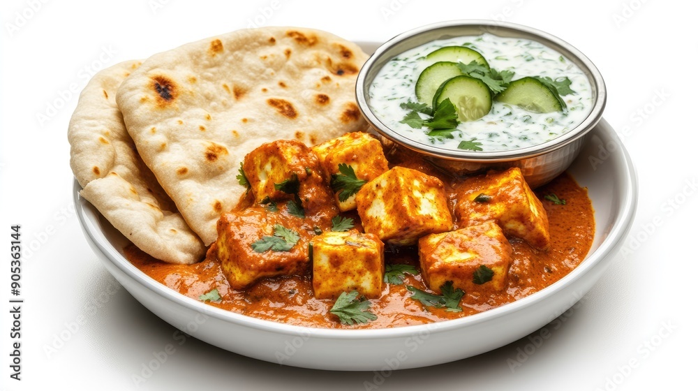Delicious paneer butter masala served with warm naan and a side of cucumber raita on a white background Delicious paneer butter masala served with warm naan and a side of cucumber raita on a white background