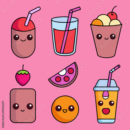 Icon Collection Featuring Food and Drink Illustrations of Fresh Beverages and Fruits, food and drink, food and drink icons, set of juice, set of fruit and juice, set of juice and fruits 