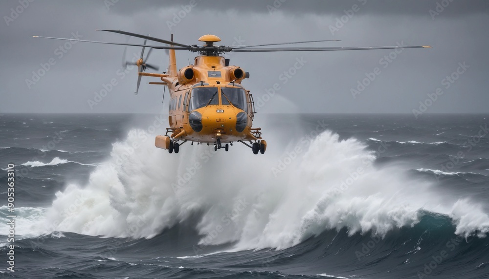 A rescue helicopter hovering above a turbulent ocean, battling heavy rain and powerful gusts as it searches for a stranded vessel.
A rescue helicopter hovering above a turbulent ocean, battling heavy rain and powerful gusts as it searches for a stranded vessel.