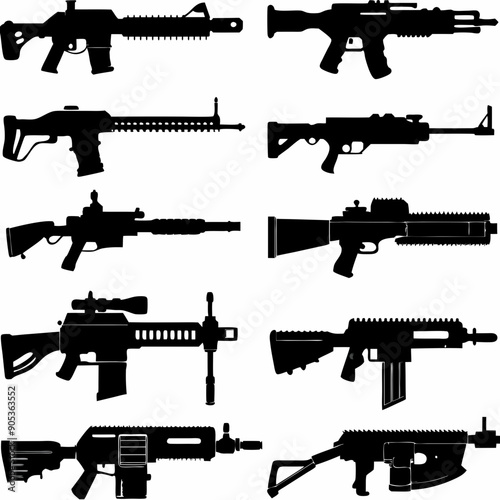 Comprehensive Collection of Gun Illustrations and Silhouettes: Detailed Set Featuring Various Firearms and Weapons, set of guns, set of guns silhouettes, illustration of a gun, collection of guns, gun