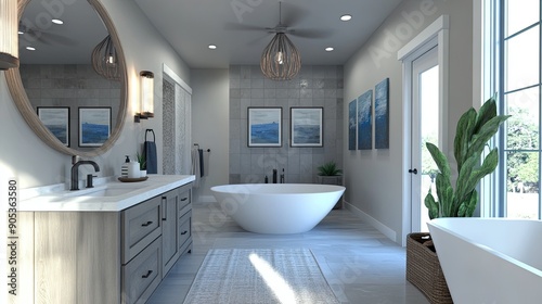 Beautifully decorated modern bathroom showcasing luxurious elements like a double vanity, a large soaking tub, and premium materials. The stylish design is perfect for relaxation.