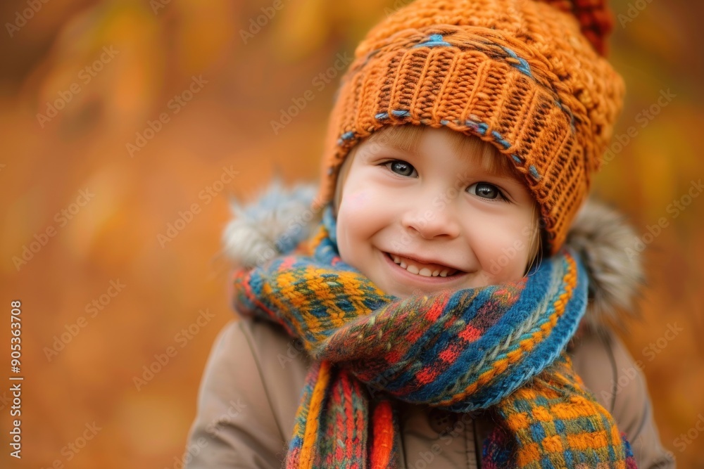 A joyful child in a knitted hat and scarf beams against a warm autumn orange background A joyful child in a knitted hat and scarf beams against a warm autumn orange background
