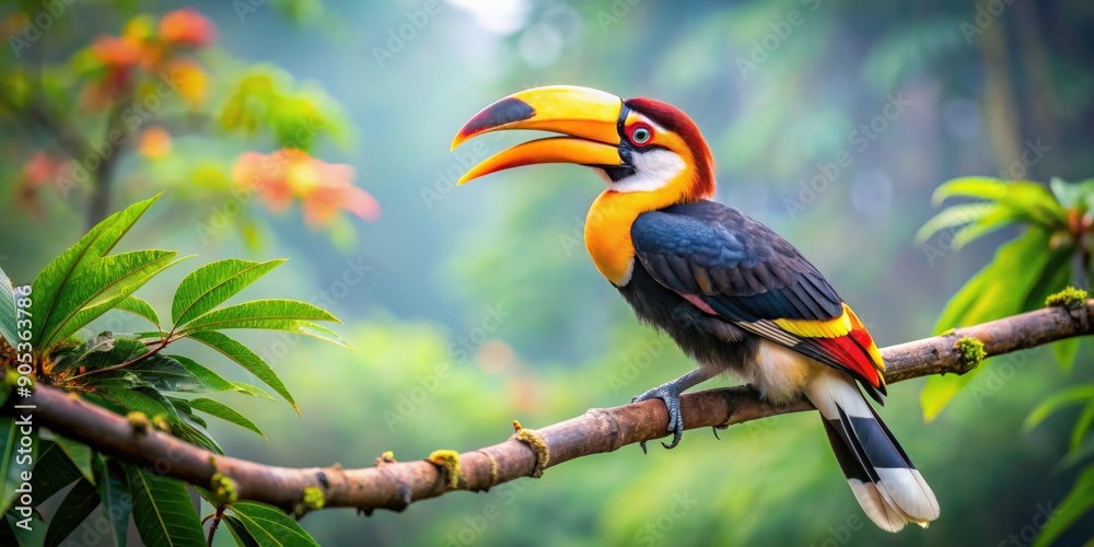 Obraz premium Majestic hornbill bird with vibrant plumage perched on a tree branch, hornbill, bird, wildlife, nature, colorful, feathers