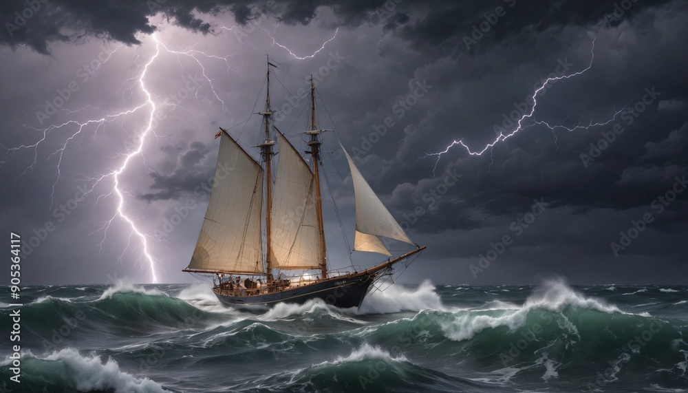 Fototapeta premium A sailboat caught in a sudden summer storm, with lightning illuminating the dark sky, heavy rain pouring down, and turbulent waves crashing against its hull. 