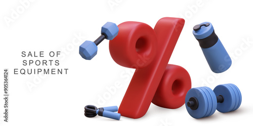 3d realistic sale of sports equipment on white background. Vector illustration.