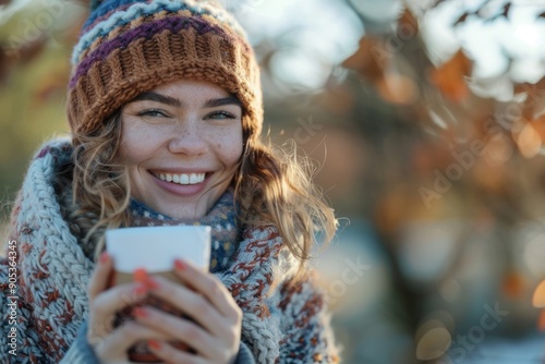 A radiant woman wearing winter clothing holds a cup outdoors, her cheerful demeanor