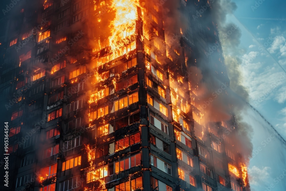 A severe fire consumes multiple floors of a high-rise building against an urban backdrop A severe fire consumes multiple floors of a high-rise building against an urban backdrop
