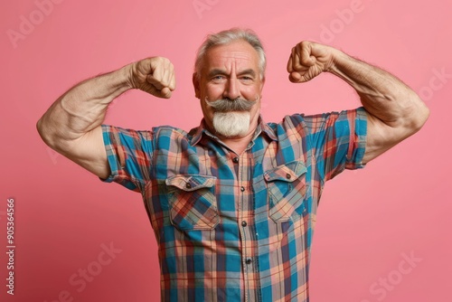 A senior man with distinctive mustache flexing muscles Isolated on solid color background