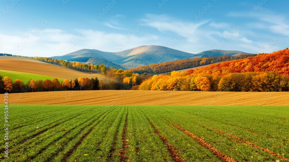 Scenic autumn landscape with rolling hills and colorful trees, Autumn season harvest, picturesque view Scenic autumn landscape with rolling hills and colorful trees, Autumn season harvest, picturesque view