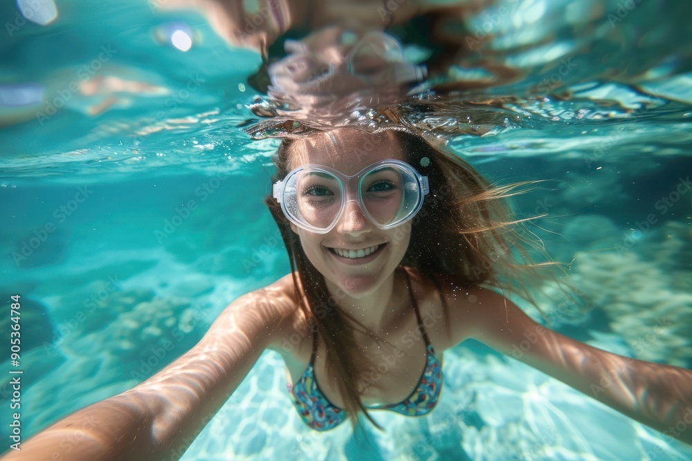 Fototapeta premium A woman takes a selfie while swimming in crystal-clear waters, the camera captures the joy and freedom