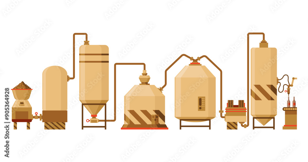 Brewery. Vintage brewing machine concept with tubes and copper tanks. Beer making process equipment, machinery symbol suitable for game asset, infographic or book print. Isolated vector illustration