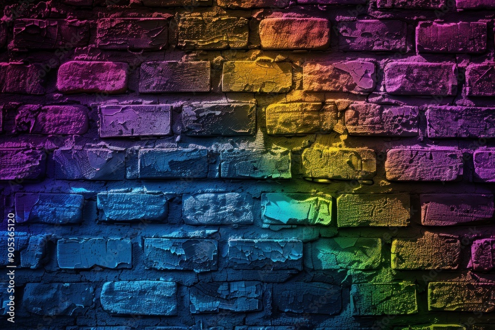 Fototapeta premium Abstract neon rainbow color painted colored damaged rustic brick wall brickwork texture background