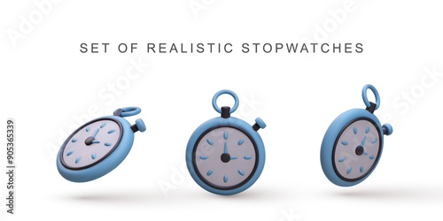 3d realistic set blue stopwatchs on white background. Vector illustration.