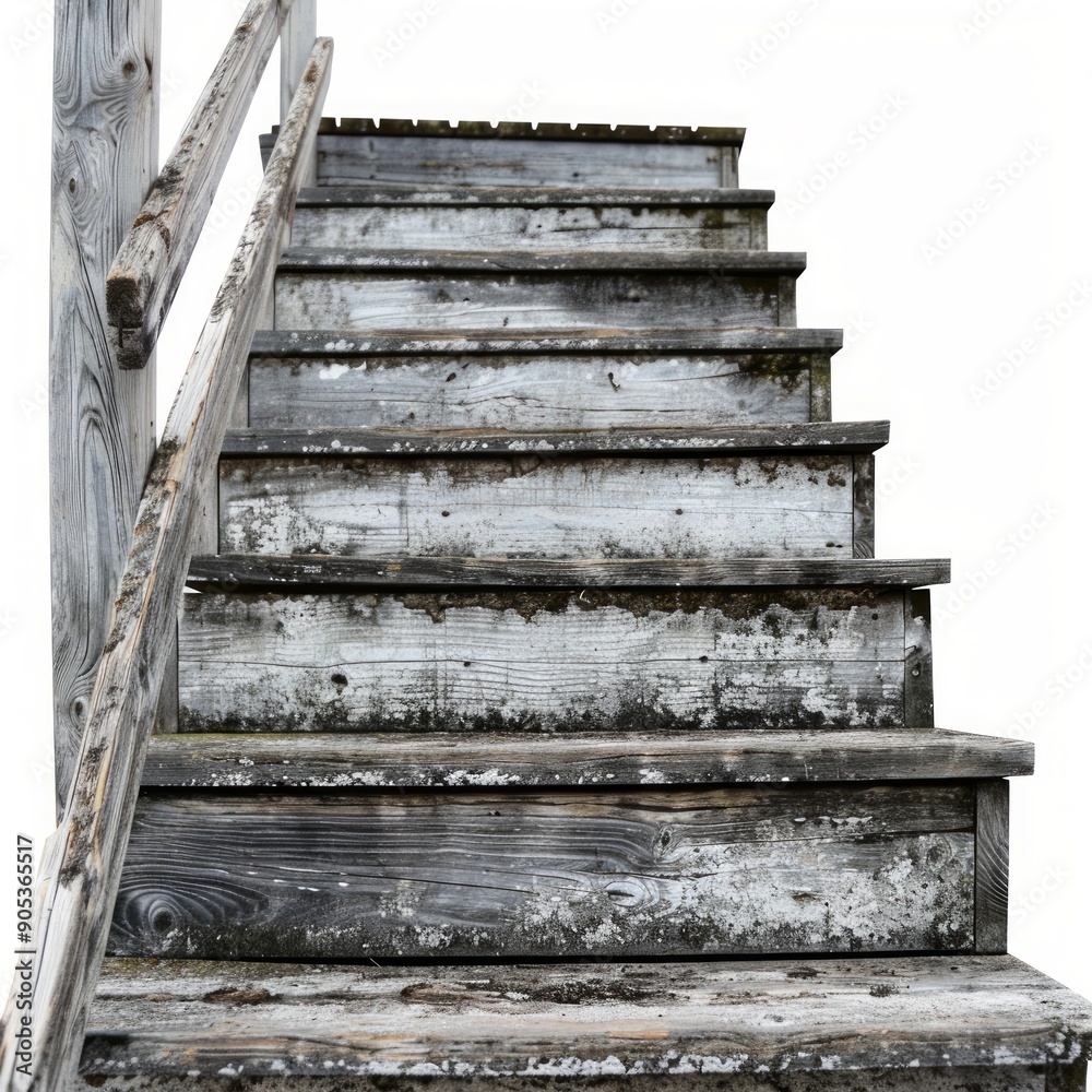 Medium shot of The wooden stairs, isolated on a white background, bright and vivid tonality Medium shot of The wooden stairs, isolated on a white background, bright and vivid tonality
