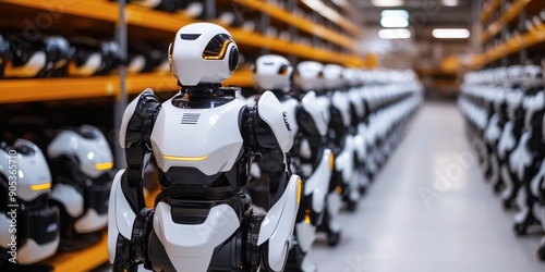 Wallpaper Mural Line of white robots in a factory setting, showcasing advanced robotics and automation technology. Torontodigital.ca