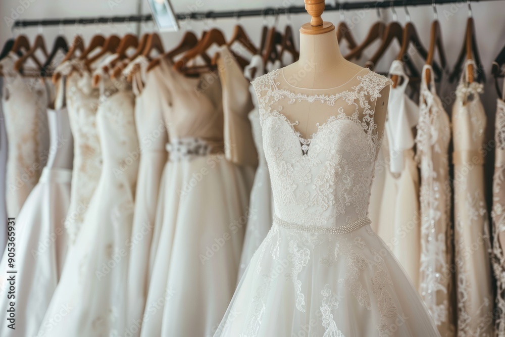 Beautiful elegant luxury bridal dress. White wedding dresses hanging on mannequins in bridal shop