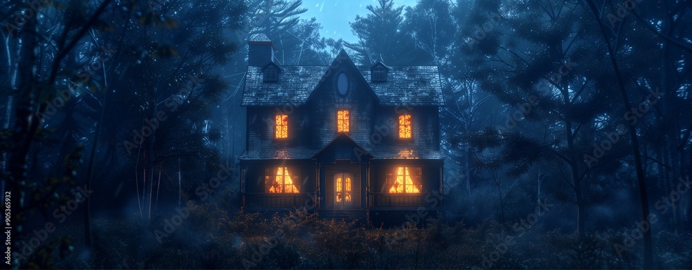 Stylized haunted house with glowing windows, surrounded by dark trees Stylized haunted house with glowing windows, surrounded by dark trees
