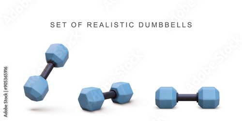 3d realistic blue set dumbbells on white background. Vector illustration.