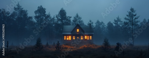 Stylized haunted house with glowing windows, surrounded by dark trees