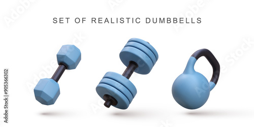 3d realistic set dumbbells on white background. Vector illustration.