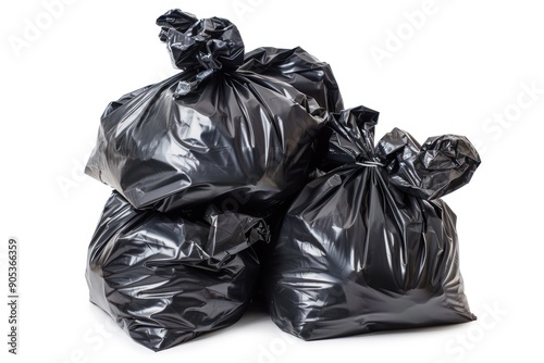 Black garbage bags big stack. Pile of trash, black bags for recycling isolated on white background