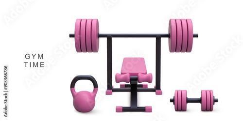 3d realistic gym bench and barbell, dumbbell, kettlebell. Vector illustration.