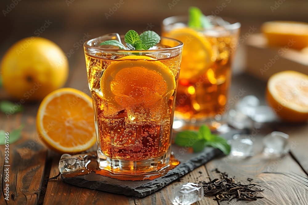 Refreshing Citrus Beverage With Ice and Mint Garnish Served on Wooden Table Refreshing Citrus Beverage With Ice and Mint Garnish Served on Wooden Table