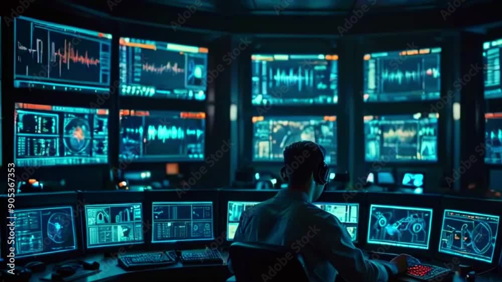 A person sits in front of a large bank of computer monitors displaying various data and graphs. The room is dark with the blue glow of the screens. A person sits in front of a large bank of computer monitors displaying various data and graphs. The room is dark with the blue glow of the screens.