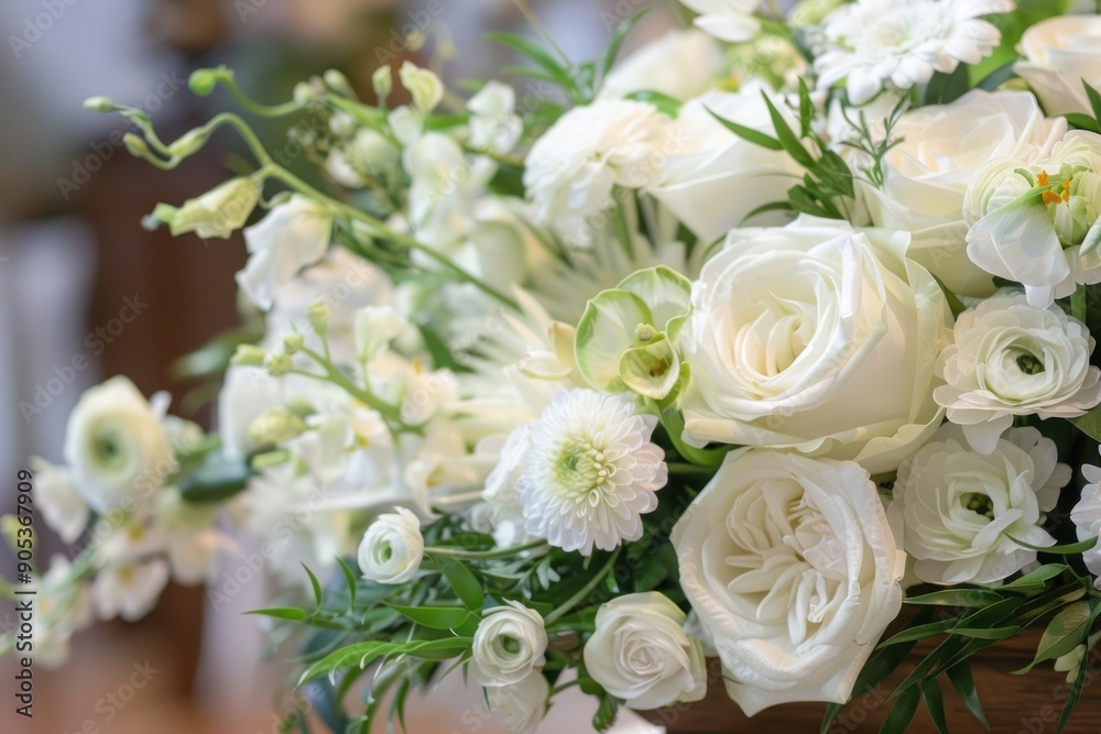 Obraz premium Coffin with a white flower arrangement close up, funeral arrangement