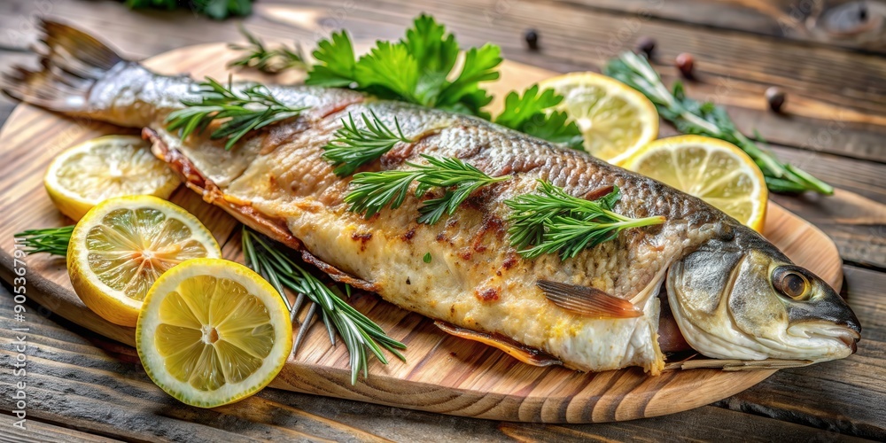 Grilled whole fish garnished with fresh herbs and lemon slices on a wooden serving board, presented on a rustic wooden table, perfect for a healthy and flavorful seafood meal.
Grilled whole fish garnished with fresh herbs and lemon slices on a wooden serving board, presented on a rustic wooden table, perfect for a healthy and flavorful seafood meal.