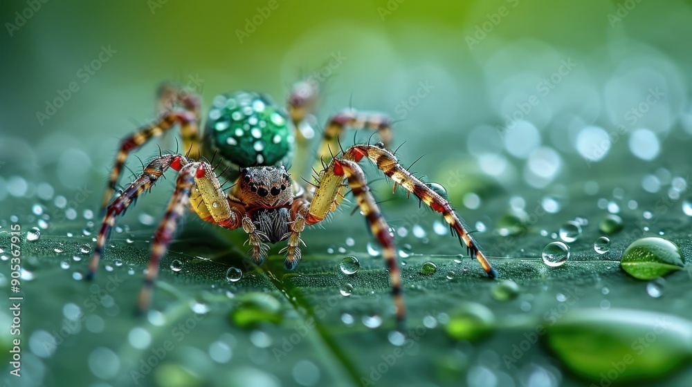 Fototapeta premium Close-up view of a vibrant green spider adorned with colorful markings on a leaf covered in sparkling dew droplets, highlighting nature's intricate beauty and detail.