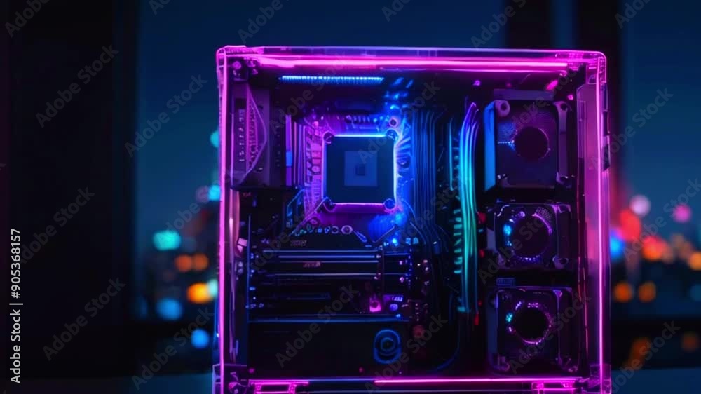 The video is a close-up of a clear computer case with a colorful motherboard inside, with a blurred city skyline in the background.