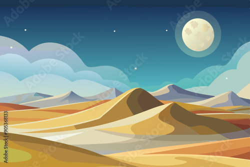Beautiful desert with dunes at night