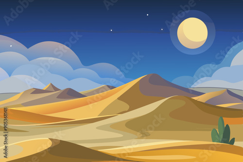 Beautiful desert with dunes at night