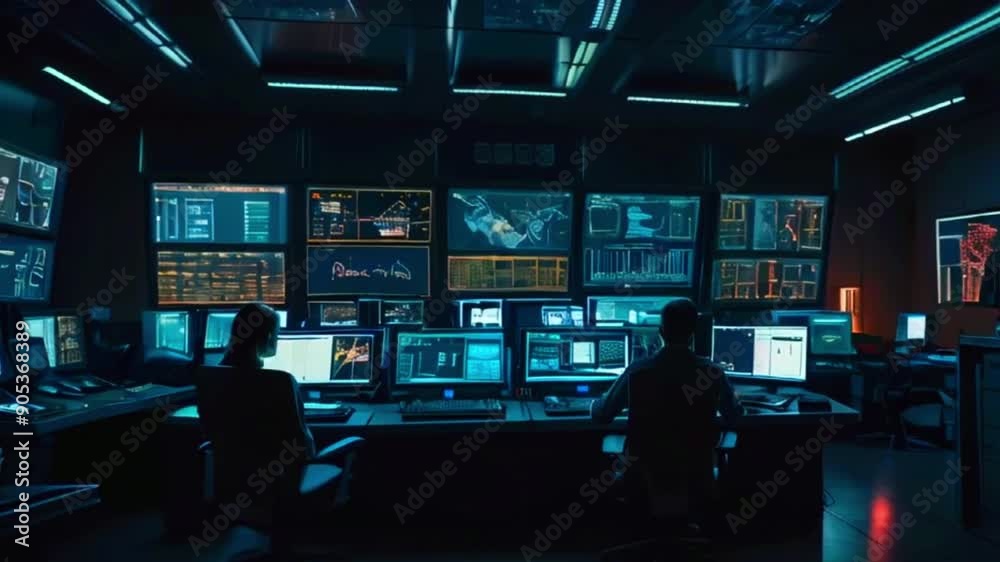 A dimly lit room with multiple computer screens displaying data and two people sitting in front of them. A dimly lit room with multiple computer screens displaying data and two people sitting in front of them.