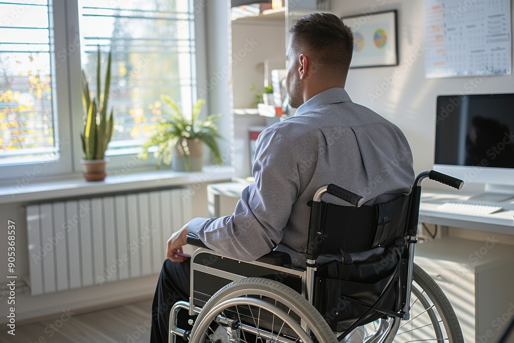 Disabled man in wheelchair is working in office Disabled man in wheelchair is working in office