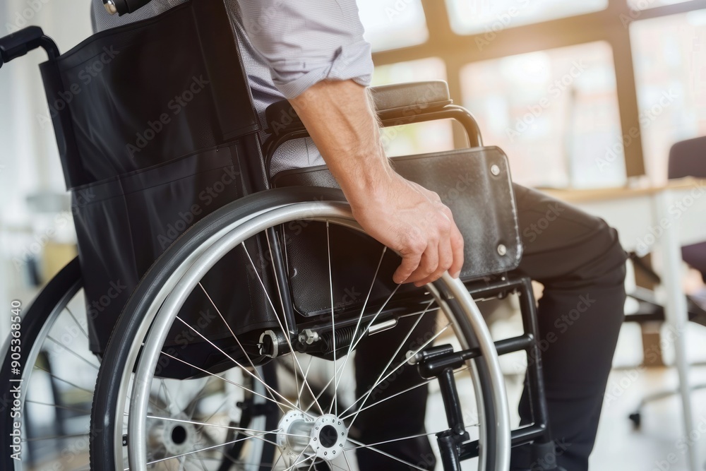 Disabled man in wheelchair is working in office Disabled man in wheelchair is working in office