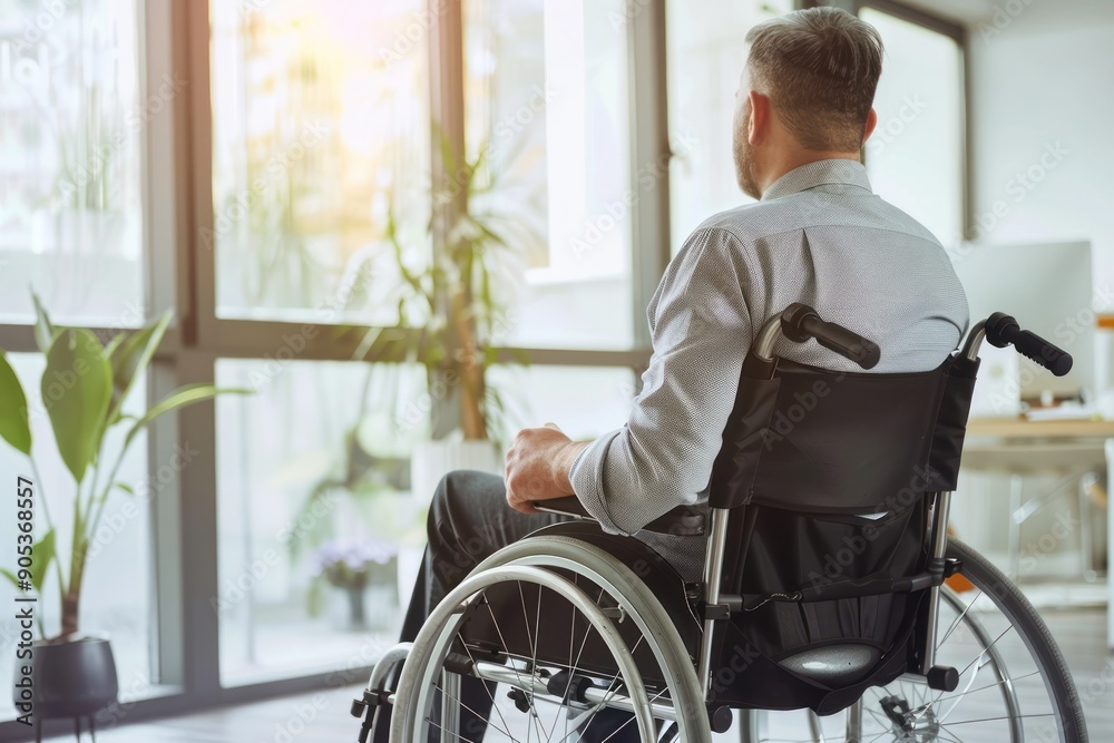 Disabled man in wheelchair is working in office Disabled man in wheelchair is working in office