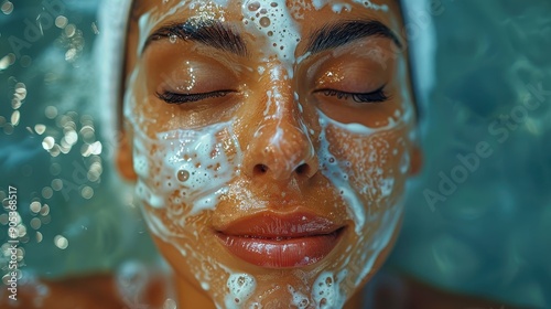 A young woman with closed eyes enjoys her skincare routine, applying a foaming facial wash. Surrounded by a serene atmosphere, she exudes tranquility and contentment.