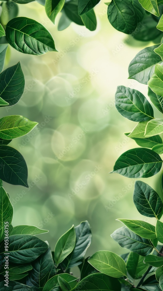 Springtime E-Commerce Banner Background with Fresh Green Leaves and Square Frames for Product Promotion and Seasonal Offers.
