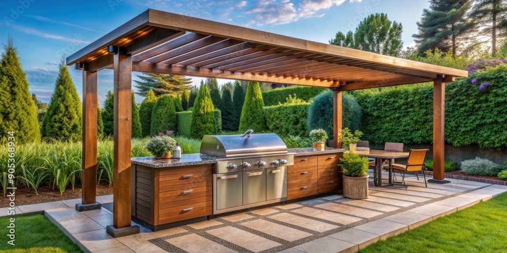 render of a luxurious outdoor garden pergola with a built-in gas grill ...