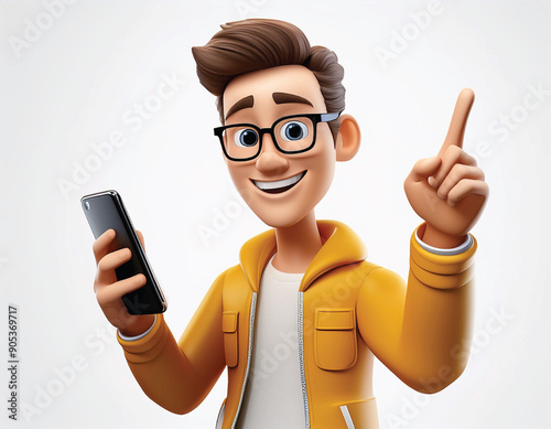 A cheerful 3D animated character in glasses pointing up while holding a smartphone, wearing a yellow jacket.