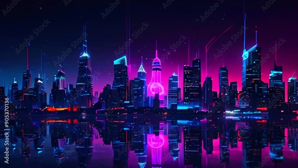 A futuristic city skyline with tall buildings illuminated in pink and blue neon lights, reflected in a dark body of water. A futuristic city skyline with tall buildings illuminated in pink and blue neon lights, reflected in a dark body of water.
