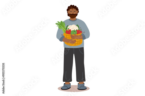 Harvest festival. Happy harvest poster. Autumn, harvest and Thanksgiving concept. Man with basket of vegetables isolated on white.