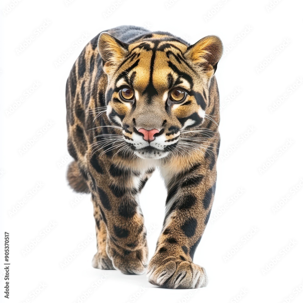 Obraz premium Clouded Leopard Walking Confidently on White Background