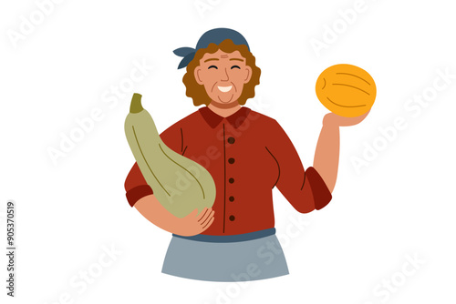 Harvest festival. Happy harvest poster. Autumn, harvest and Thanksgiving concept. Woman with melon and zucchini isolated on white.